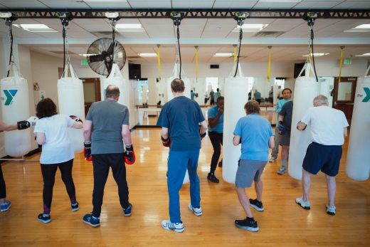 a group of people standing in a room